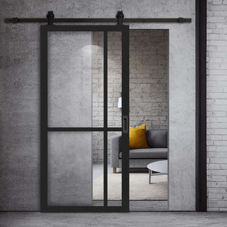 Image: Top Mounted Black Sliding Track & Solid Wood Door - Eco-Urban® Marfa 4 Pane Solid Wood Door DD6313G - Clear Glass - Shadow Black Premium Primed