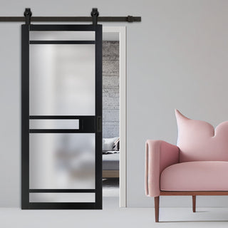 Image: Top Mounted Black Sliding Track & Solid Wood Door - Eco-Urban® Sheffield 5 Pane Solid Wood Door DD6312SG - Frosted Glass - Shadow Black Premium Primed