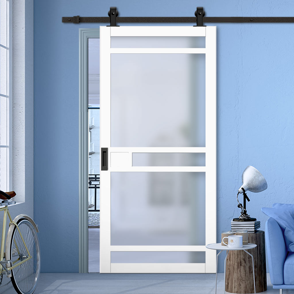 Top Mounted Black Sliding Track & Solid Wood Door - Eco-Urban® Sheffield 5 Pane Solid Wood Door DD6312SG - Frosted Glass - Cloud White Premium Primed