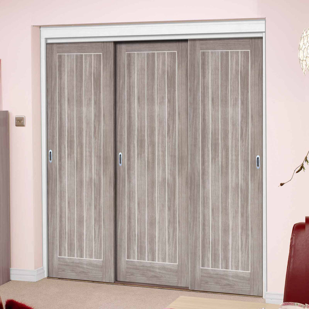 Three Sliding Wardrobe Doors & Frame Kit - Laminate Mexicano Light Grey Door - Prefinished