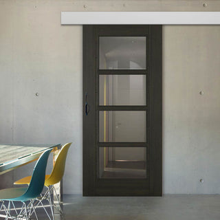 Image: Single Sliding Door & Wall Track - Vancouver Smoked Oak Internal Doors - Clear Glass - Prefinished