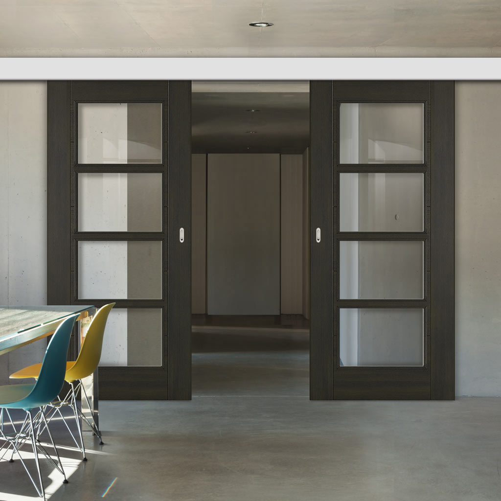 Double Sliding Door & Wall Track - Vancouver Smoked Oak Internal Doors - Clear Glass - Prefinished