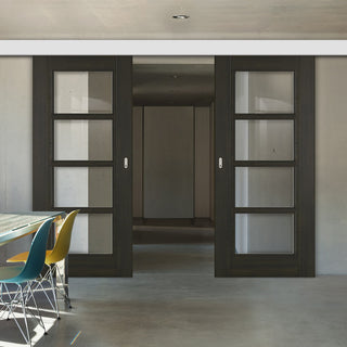 Image: Double Sliding Door & Wall Track - Vancouver Smoked Oak Internal Doors - Clear Glass - Prefinished