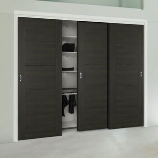 Image: Three Sliding Maximal Wardrobe Doors & Frame Kit - Vancouver Smoked Oak Flush Doors - Prefinished