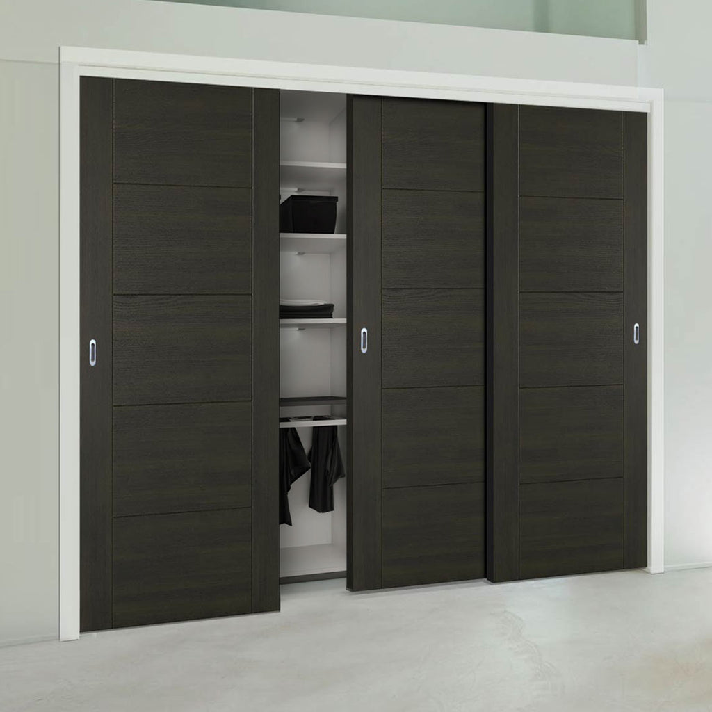 Minimalist Wardrobe Door & Frame Kit - Three Vancouver Smoked Oak Flush Doors - Prefinished