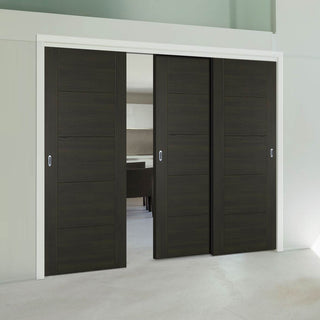 Image: Pass-Easi Three Sliding Doors and Frame Kit - Vancouver Smoked Oak Flush Internal Doors - Prefinished