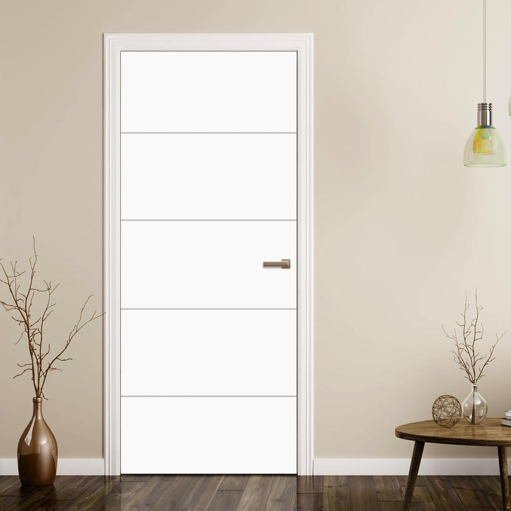 White Fire Door, Horizontal 4 Line Smooth Door - 1/2 Hour Rated - White Primed