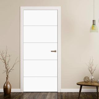 Image: White Fire Door, Horizontal 4 Line Smooth Door - 1/2 Hour Rated - White Primed