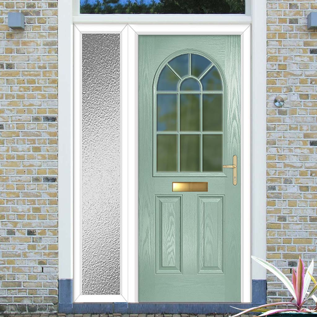 Premium Composite Front Door Set with One Side Screen - Snipe 1 Geo Bar Clear Glass - Shown in Chartwell Green