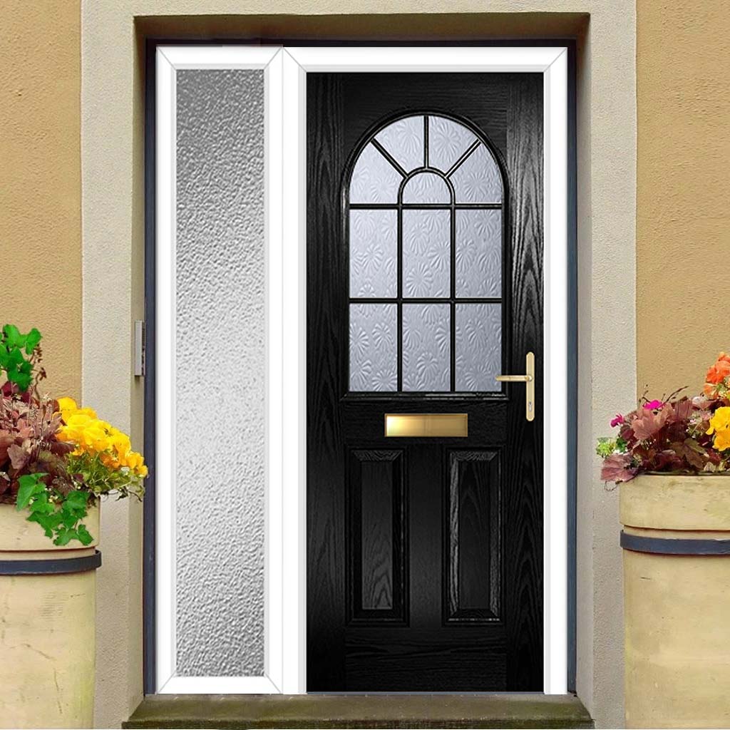 Premium Composite Front Door Set with One Side Screen - Snipe 1 Geo Bar Mayflower Glass - Shown in Black