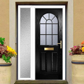 Image: Premium Composite Front Door Set with One Side Screen - Snipe 1 Geo Bar Mayflower Glass - Shown in Black