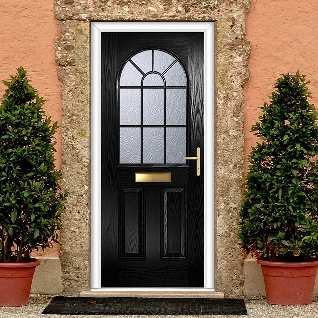 Premium Composite Front Door Set - Snipe 1 Geo Bar Mayflower Glass - Shown in Black