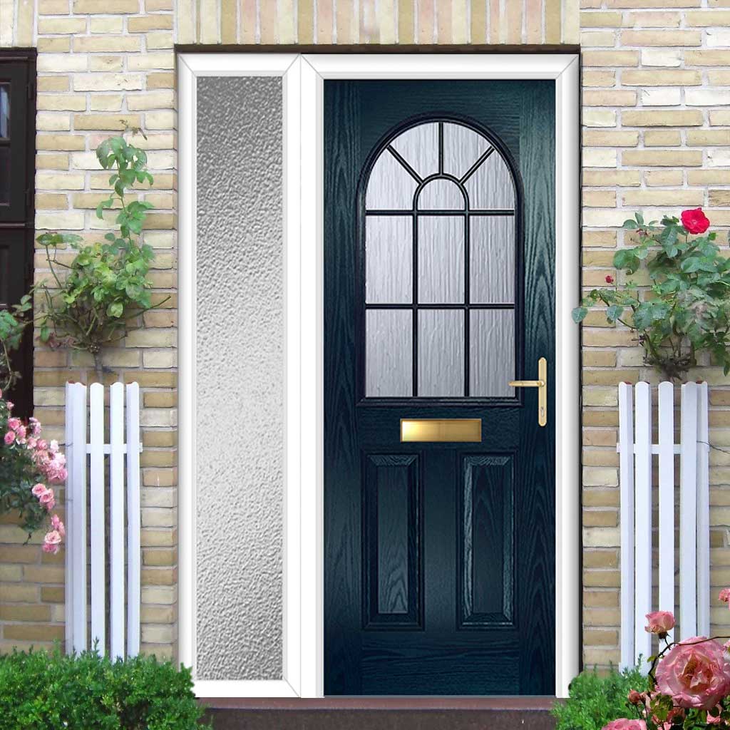 Premium Composite Front Door Set with One Side Screen - Snipe 1 Geo Bar Cotswold Glass - Shown in Blue