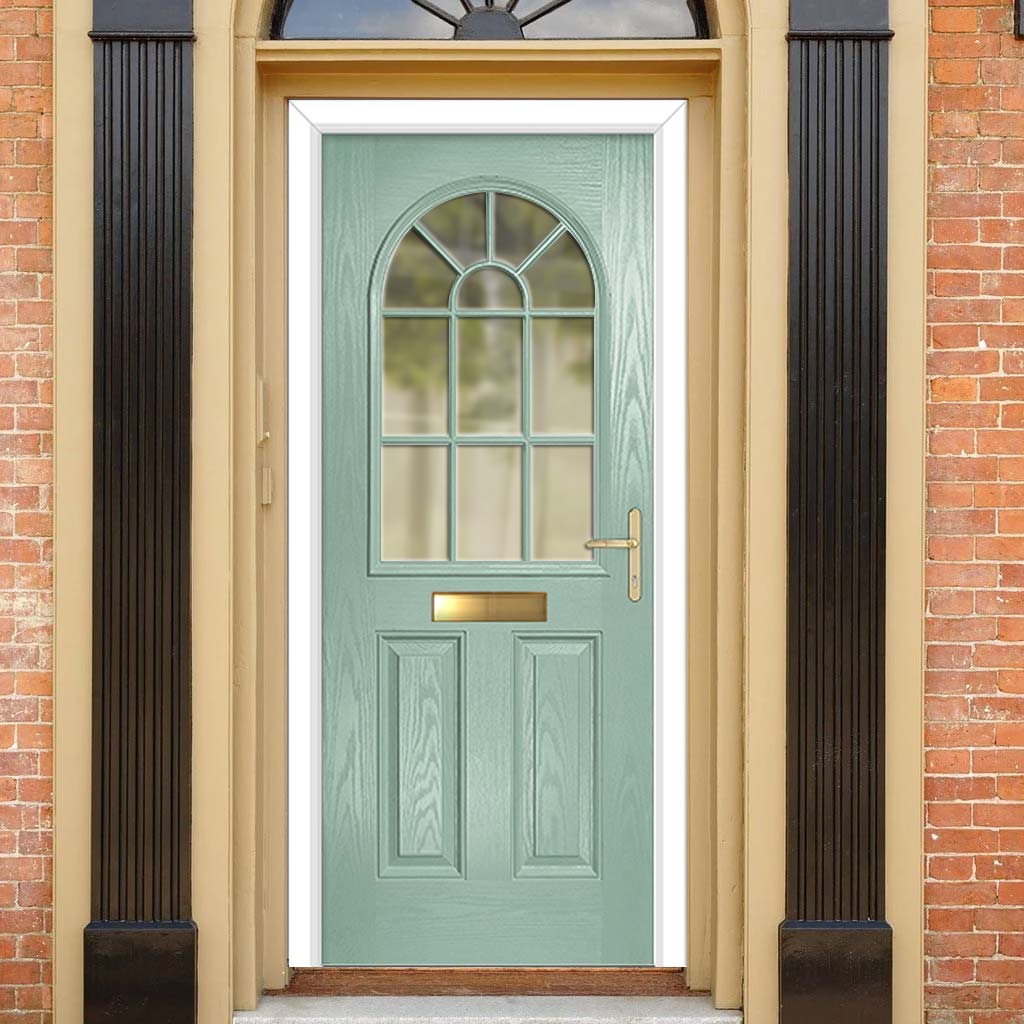 Premium Composite Front Door Set - Snipe 1 Geo Bar Clear Glass - Shown in Chartwell Green