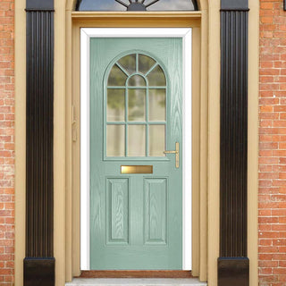 Image: Premium Composite Front Door Set - Snipe 1 Geo Bar Clear Glass - Shown in Chartwell Green