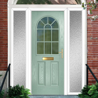 Image: Premium Composite Front Door Set with Two Side Screens - Snipe 1 Geo Bar Clear Glass - Shown in Chartwell Green