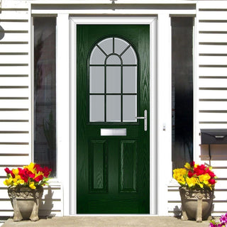 Image: Premium Composite Front Door Set - Snipe 1 Geo Bar Sandblast Ice Glass - Shown in Green