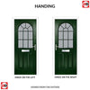 Premium Composite Front Door Set - Snipe 1 Geo Bar Sandblast Ice Glass - Shown in Green