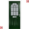 Premium Composite Front Door Set - Snipe 1 Geo Bar Sandblast Ice Glass - Shown in Green