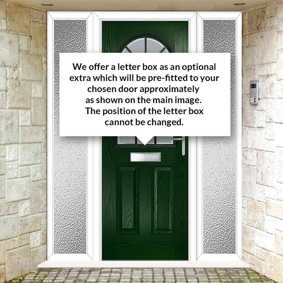 Premium Composite Front Door Set with Two Side Screens - Snipe 1 Geo Bar Sandblast Ice Glass - Shown in Green