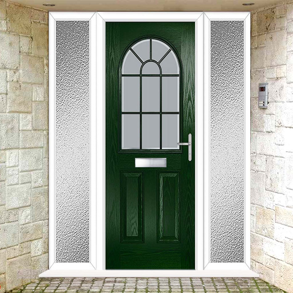 Premium Composite Front Door Set with Two Side Screens - Snipe 1 Geo Bar Sandblast Ice Glass - Shown in Green