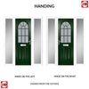 Premium Composite Front Door Set with Two Side Screens - Snipe 1 Geo Bar Sandblast Ice Glass - Shown in Green