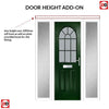 Premium Composite Front Door Set with Two Side Screens - Snipe 1 Geo Bar Sandblast Ice Glass - Shown in Green