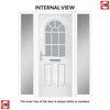 Premium Composite Front Door Set with Two Side Screens - Snipe 1 Geo Bar Sandblast Ice Glass - Shown in Green