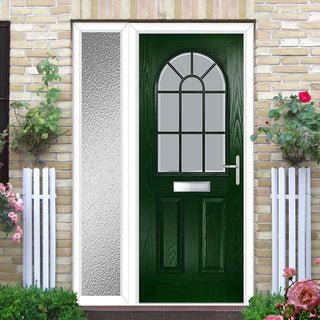 Image: Premium Composite Front Door Set with One Side Screen - Snipe 1 Geo Bar Sandblast Ice Glass - Shown in Green