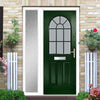 Premium Composite Front Door Set with One Side Screen - Snipe 1 Geo Bar Sandblast Ice Glass - Shown in Green