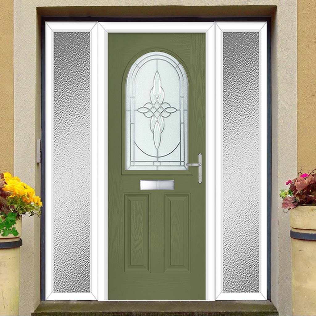 Premium Composite Front Door Set with Two Side Screens - Snipe 1 Veneto Glass - Shown in Reed Green