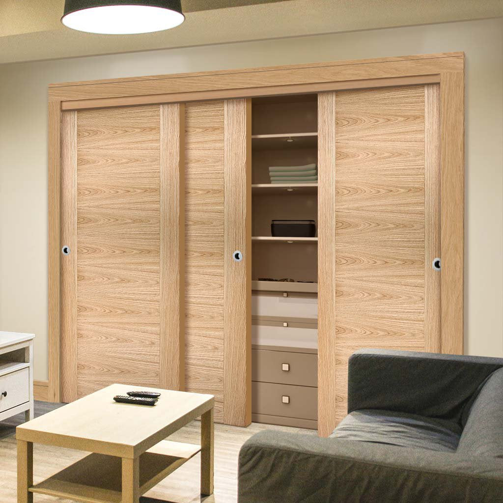 Bespoke Sofia Oak Flush Door - 3 Door Wardrobe and Frame Kit - Prefinished