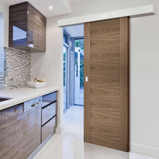 Image: Single Sliding Door & Wall Track - Sofia Walnut Veneer Door - Prefinished