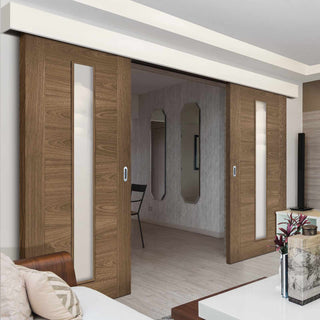 Image: Double Sliding Door & Wall Track - Sofia Walnut Veneer Doors Clear Glass - Prefinished