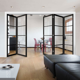 Image: Five Folding Doors & Frame Kit - Soho 4 Pane 3+2 - Clear Glass - Black Primed