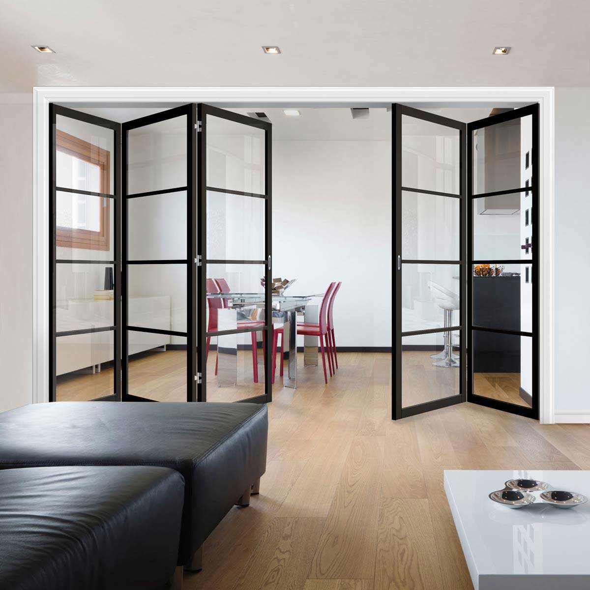 Five Folding Doors & Frame Kit - Soho 4 Pane 3+2 - Clear Glass - Black Primed