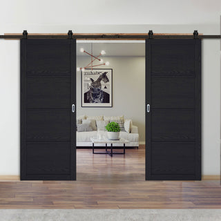 Image: Top Mounted Black Sliding Track & Double Door - Soho 4 Panel Charcoal Doors - Prefinished
