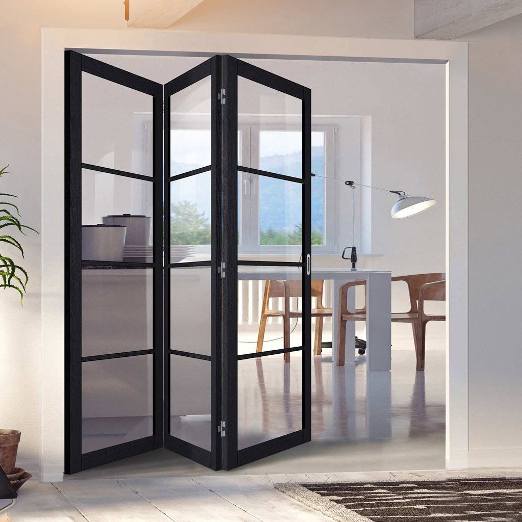 Three Folding Doors & Frame Kit - Soho 4 Pane Charcoal 3+0 - Clear Glass - Prefinished
