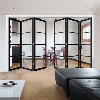 Image: Six Folding Doors & Frame Kit - Soho 4 Pane 3+3 - Clear Glass - Black Primed