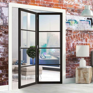 Image: Two Folding Doors & Frame Kit - Soho 4 Pane 2+0 - Clear Glass - Black Primed