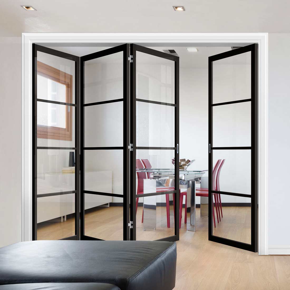 Four Folding Doors & Frame Kit - Soho 4 Pane 3+1 - Clear Glass - Black Primed