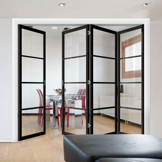 Image: Four Folding Doors & Frame Kit - Soho 4 Pane 3+1 - Clear Glass - Black Primed
