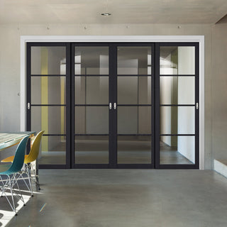 Image: Pass-Easi Four Sliding Doors and Frame Kit - Soho 4 Pane Charcoal Door - Clear Glass - Prefinished