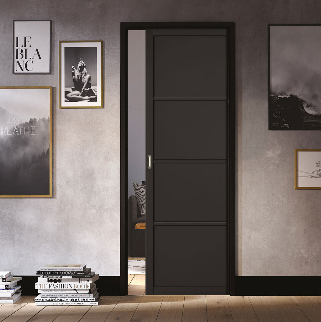 Soho 4 Panel Black Painted Single Evokit Pocket Door - Prefinished ...