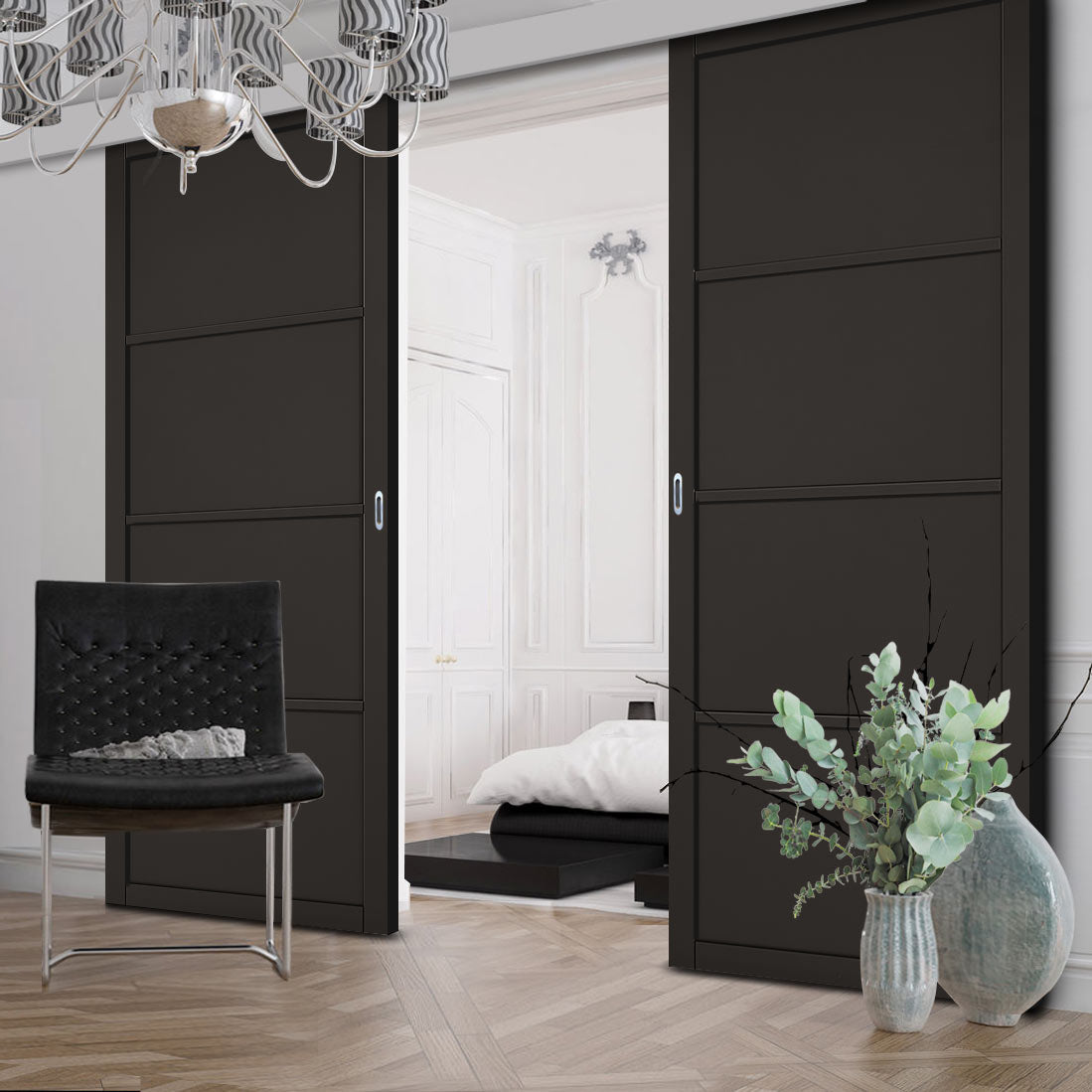 Double Sliding Door & Wall Track - Soho 4 Panel Door - Black Primed