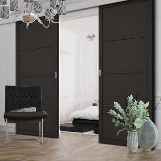 Image: Double Sliding Door & Wall Track - Soho 4 Panel Door - Black Primed