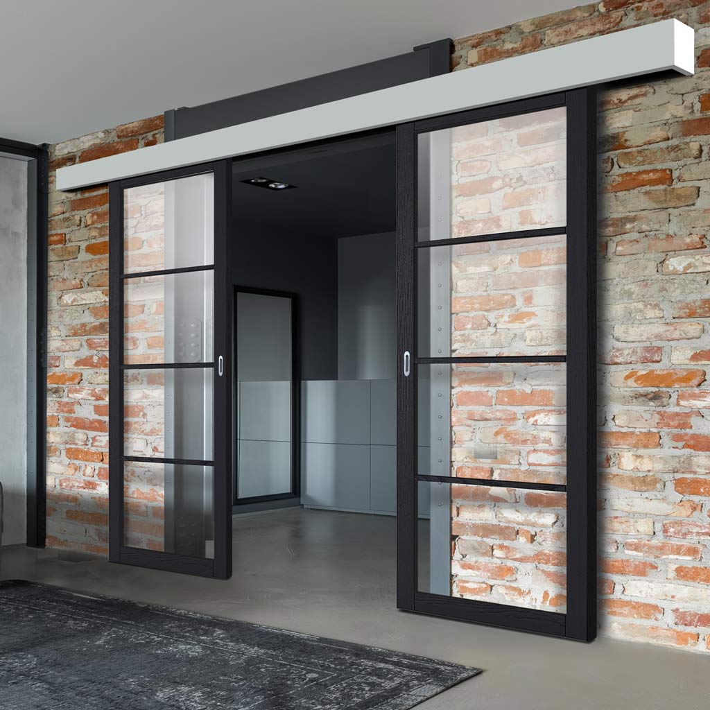 Double Sliding Door & Wall Track - Soho 4 Pane Charcoal Door - Clear Glass - Prefinished