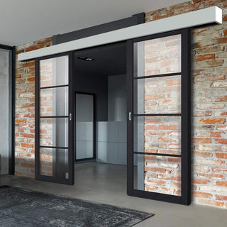 Image: Double Sliding Door & Wall Track - Soho 4 Pane Charcoal Door - Clear Glass - Prefinished