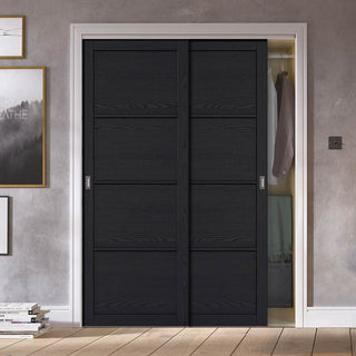 Image: Two Sliding Maximal Wardrobe Doors & Frame Kit - Soho 4 Panel Charcoal Door - Prefinished