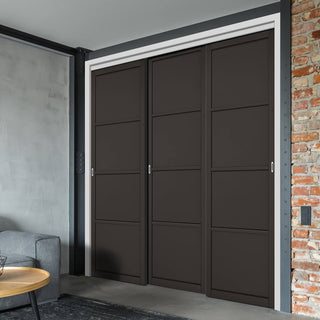 Image: Minimalist Wardrobe Door & Frame Kit - Three Soho 4 Panel Doors - Black Primed